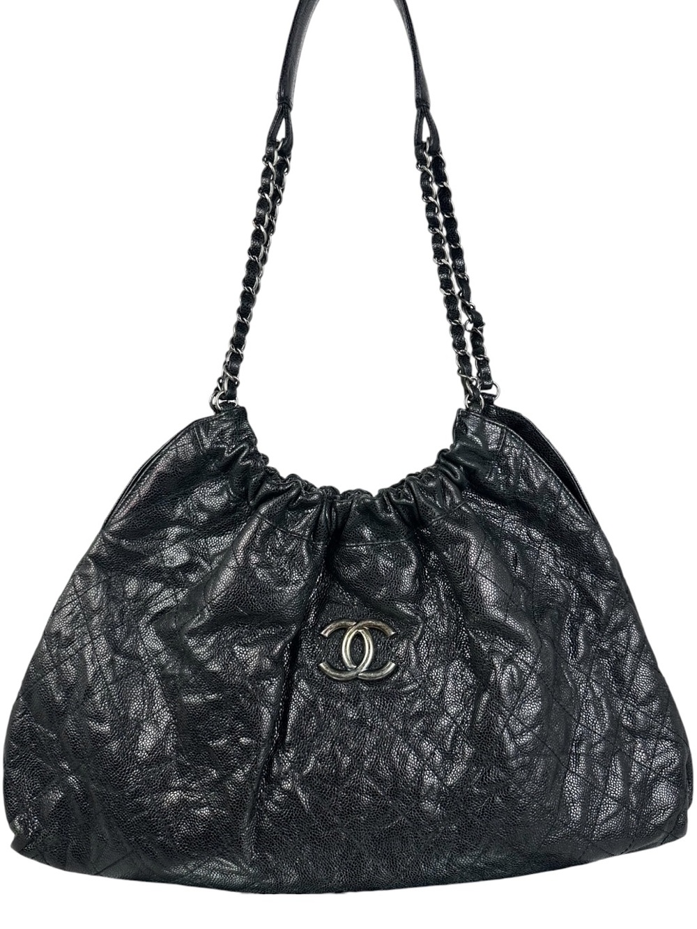 Chanel Black Shiny Caviar Leather Large Chain Shoulder Tote Silver CC